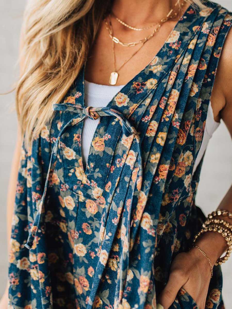 Women's Floral Print Lace-Up Pleated Jumpsuit