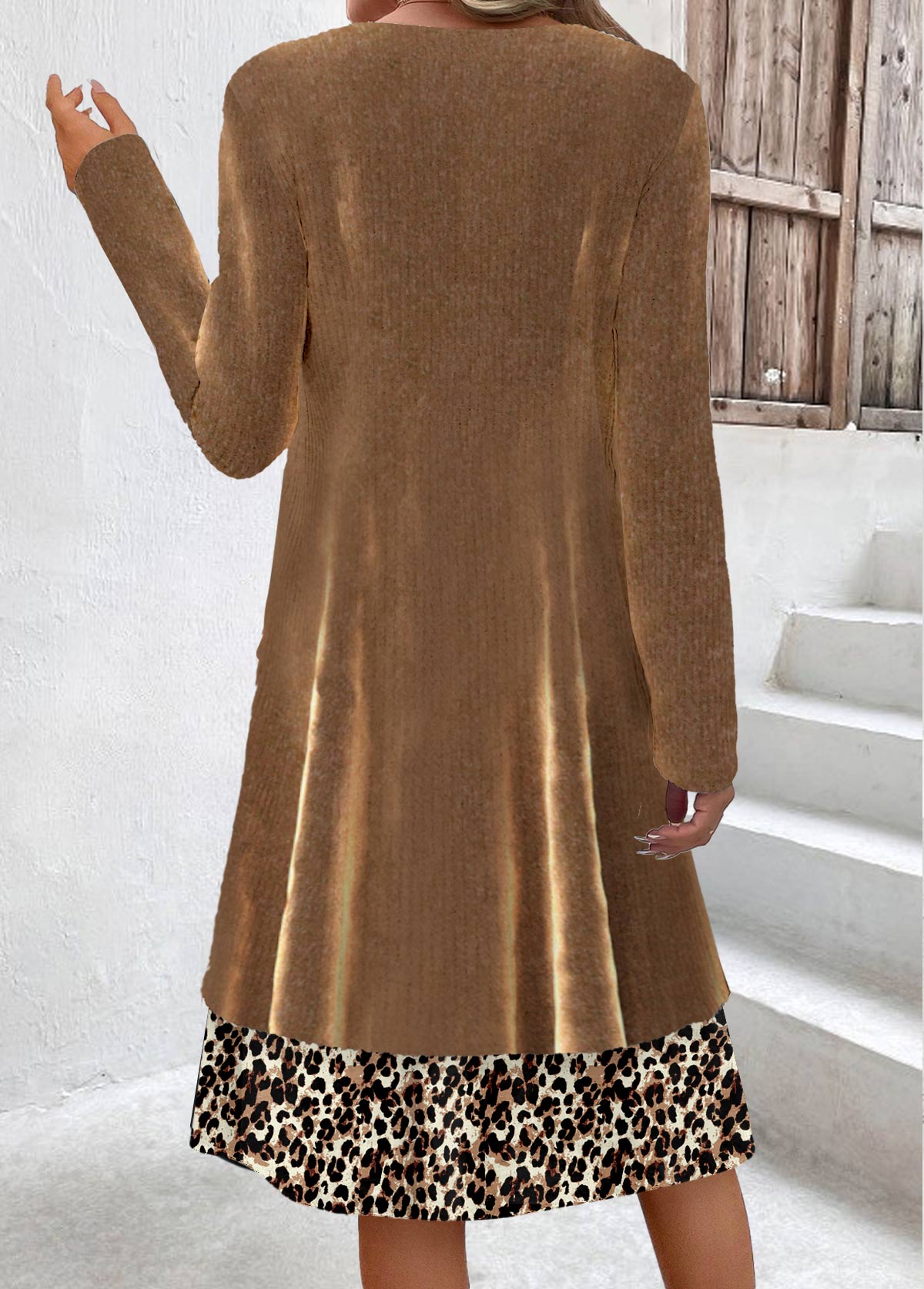 Light Coffee Fake 2in1 Leopard A Line Dress