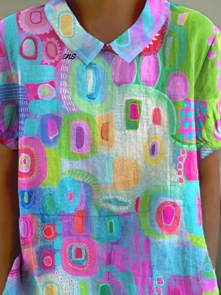 Vibrant Abstract Art Printed Women's Casual Cotton And Linen Shirt