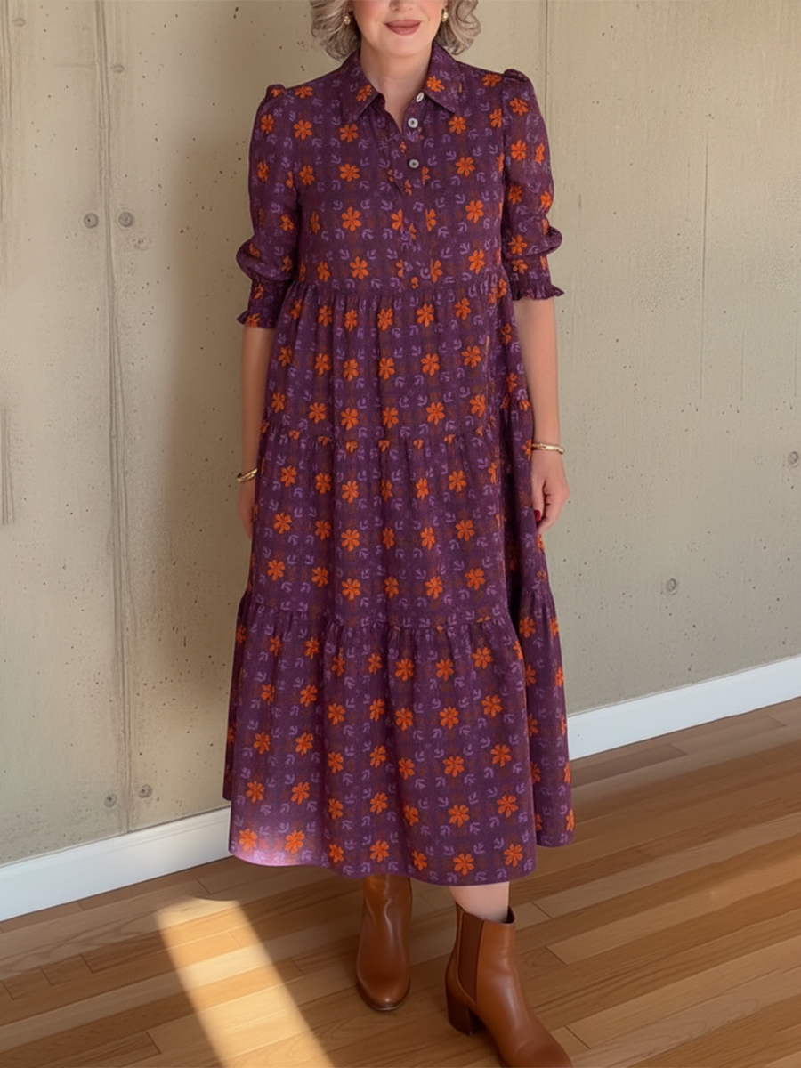 Women's Retro Orange Floral Print V-Neck Midi Dress