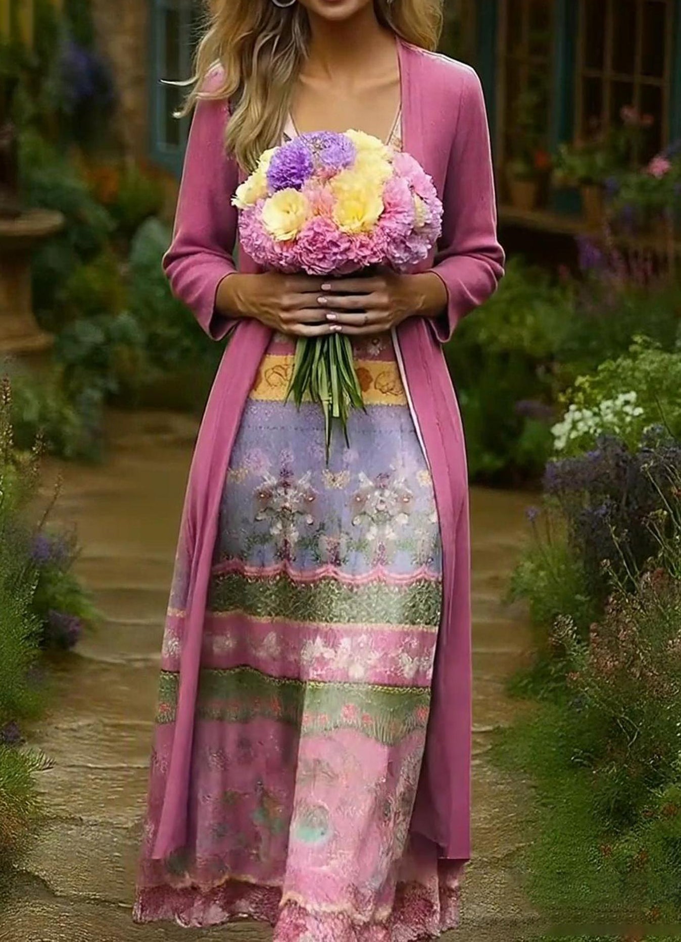 Women's Floral Patchwork Print Cardigan Dress Two-piece Set