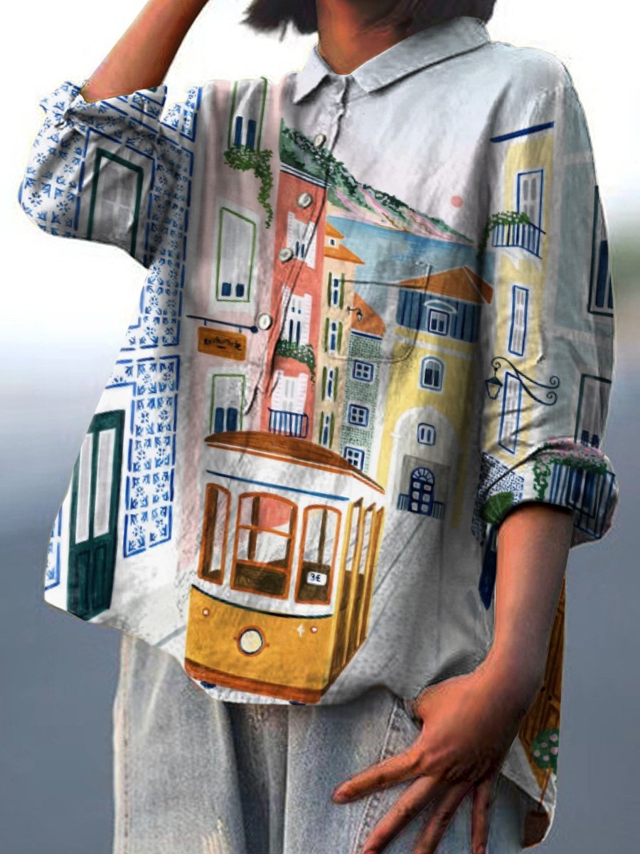 Women's Vintage Hand Drawn Beautiful Street Scenes Print Casual Cotton And Linen Shirt