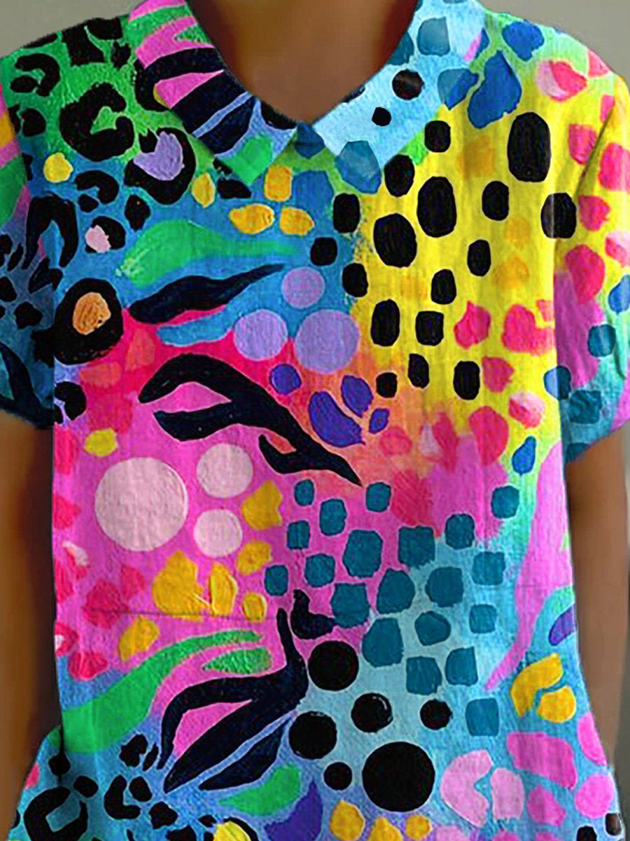 Rainbow Color And Leopard Print Pattern Printed Women's Casual Cotton And Linen Shirt