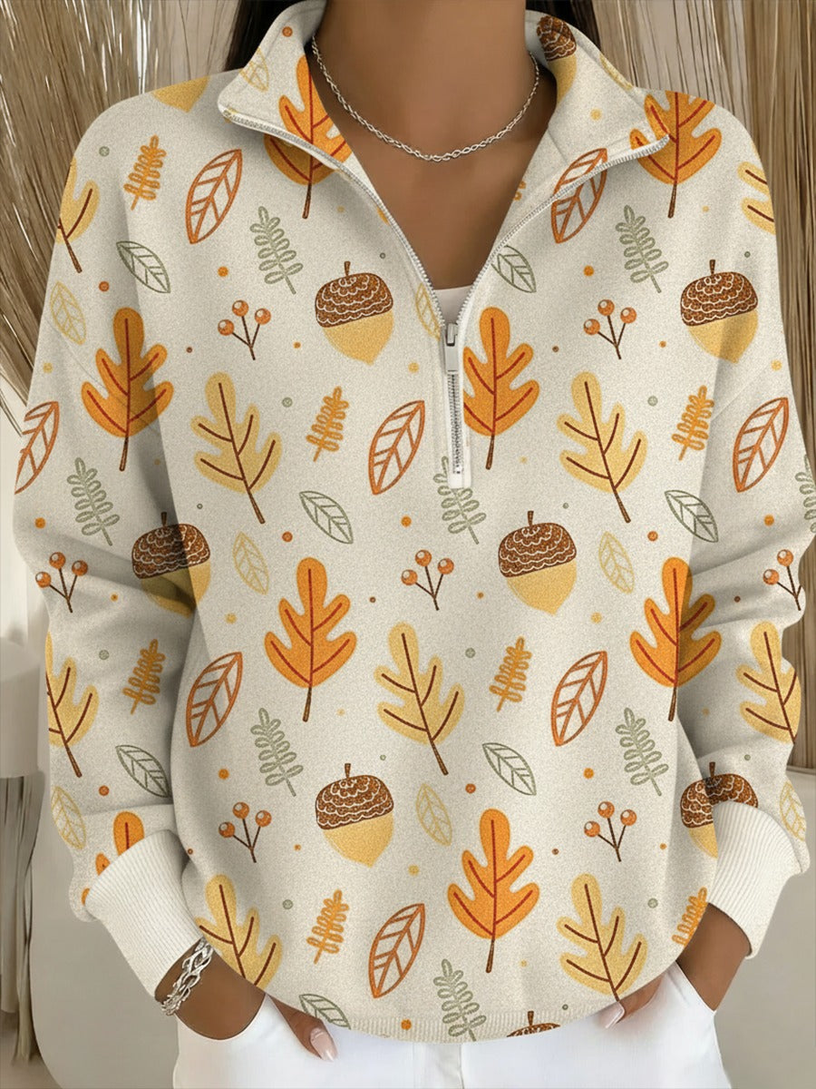 Forest Autumn Pinecone Print Henley Neck Sweater Top