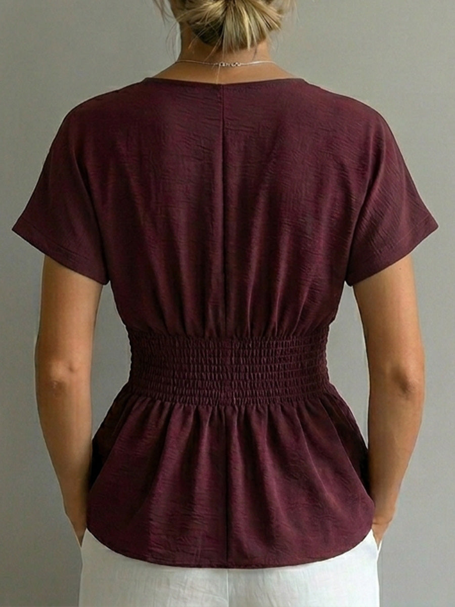 Women's V-neck Top With Cinched Waist And Pleated Hem