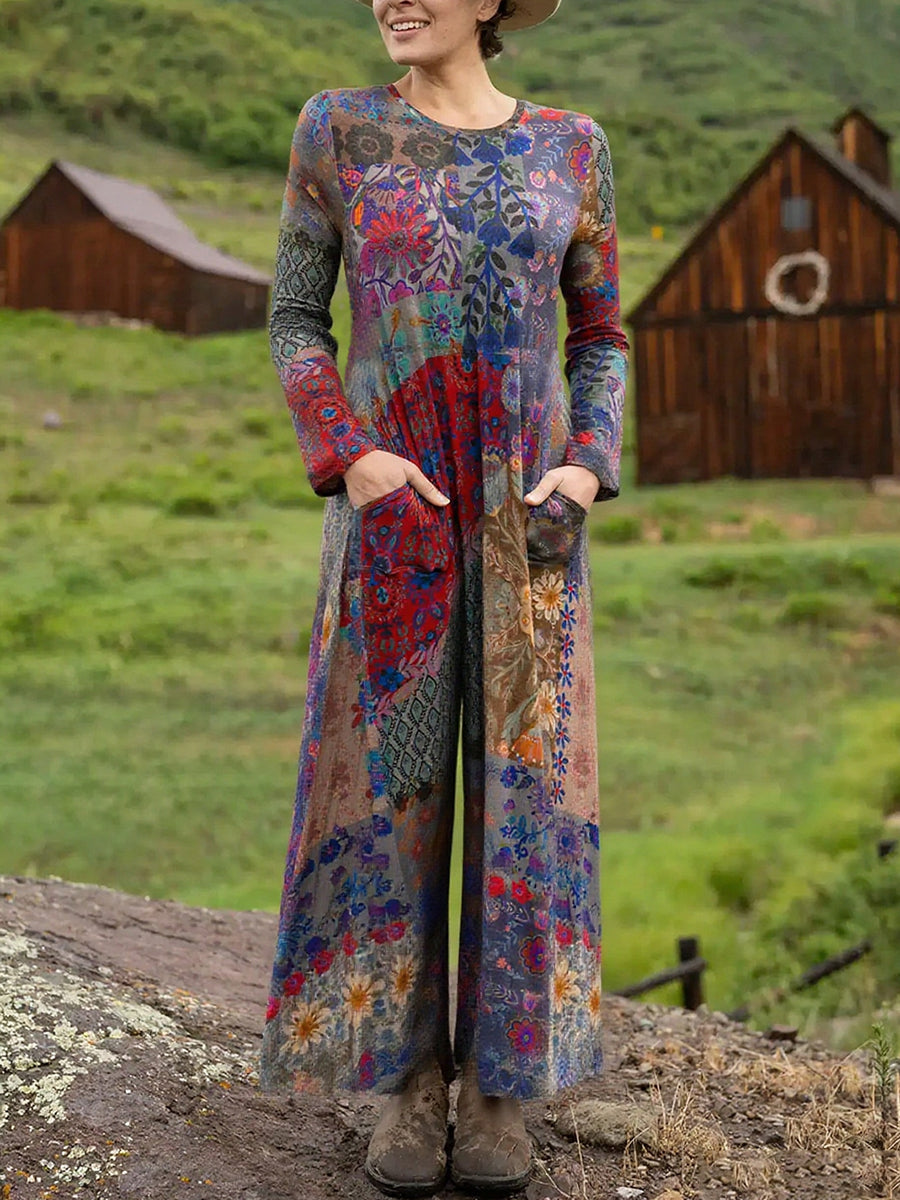 Women's Boho Natural Floral Print Stretch Jumpsuit