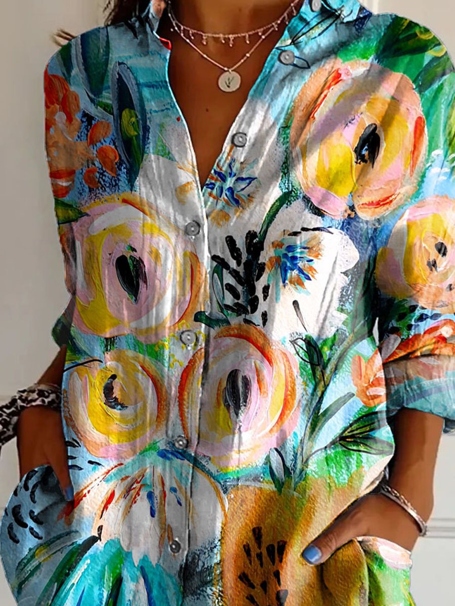 Women's Vintage Lovely Floral Art Print Casual Cotton Shirt