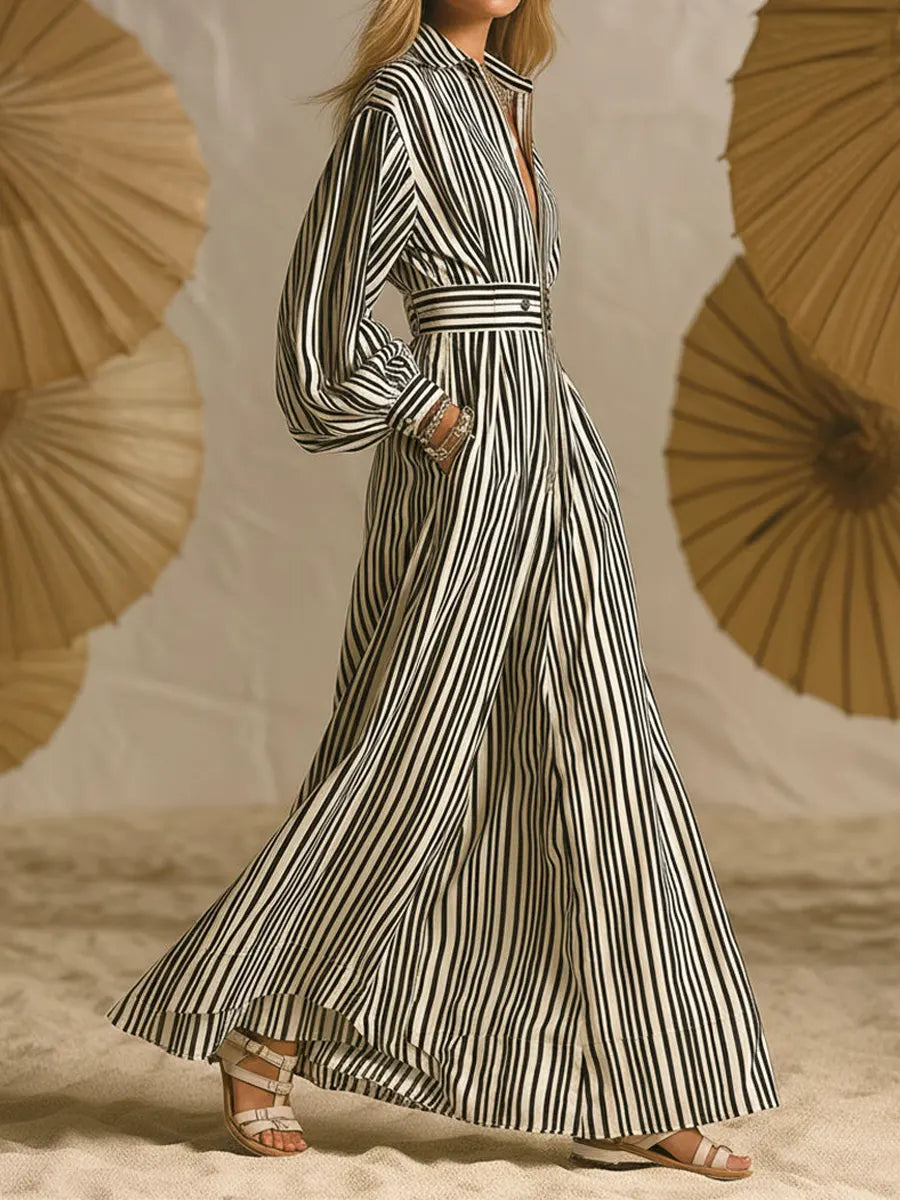 Women's Retro Striped Zip Art Casual Stylish Cotton Long Dress