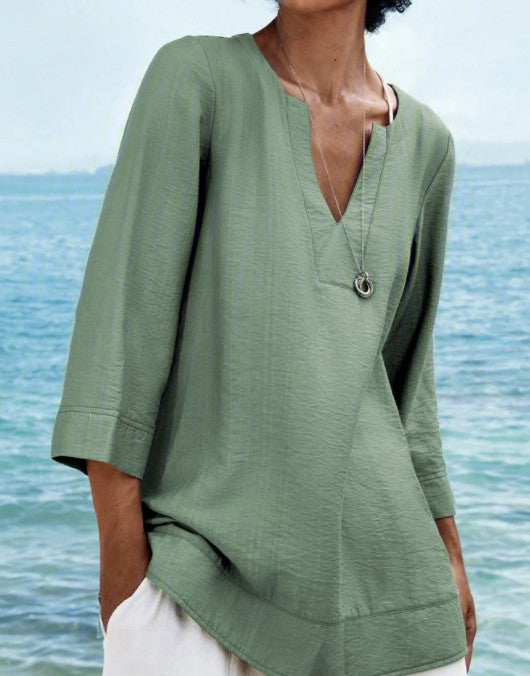 Women's V-neck Wrist-Length Sleeve T-shirt Top