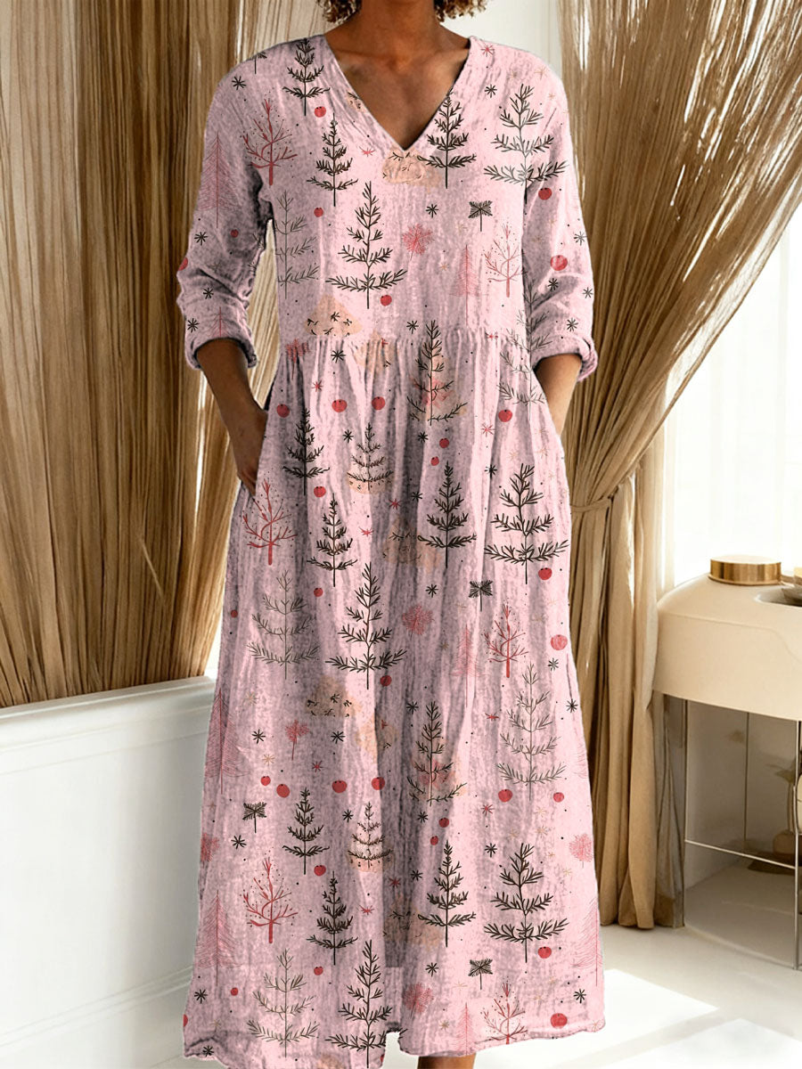 Women's Christmas Tree Art Print Casual Cotton Linen Pocket Dress