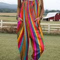 Women's Vintage Rainbow Stripe Art Print Casual 100% Cotton Wide Leg Jumpsuit