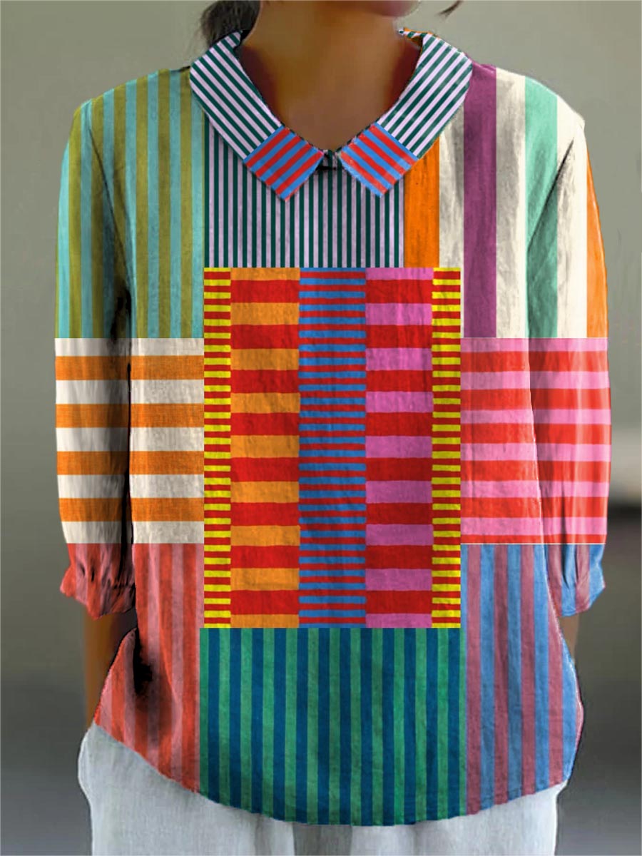 Women¡¯s Colorful Patchwork Striped Cotton Linen 3/4 Sleeve Shirt