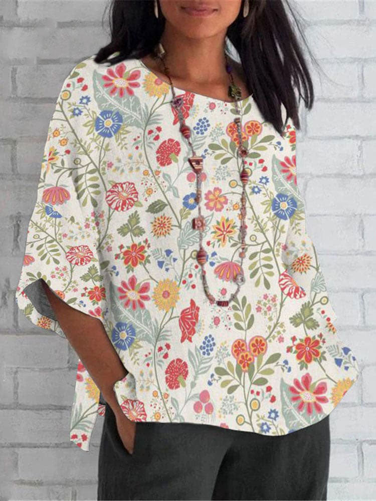 Women'S Pastoral Floral Art Print Cotton Linen Casual Mid-Sleeve T-Shirt