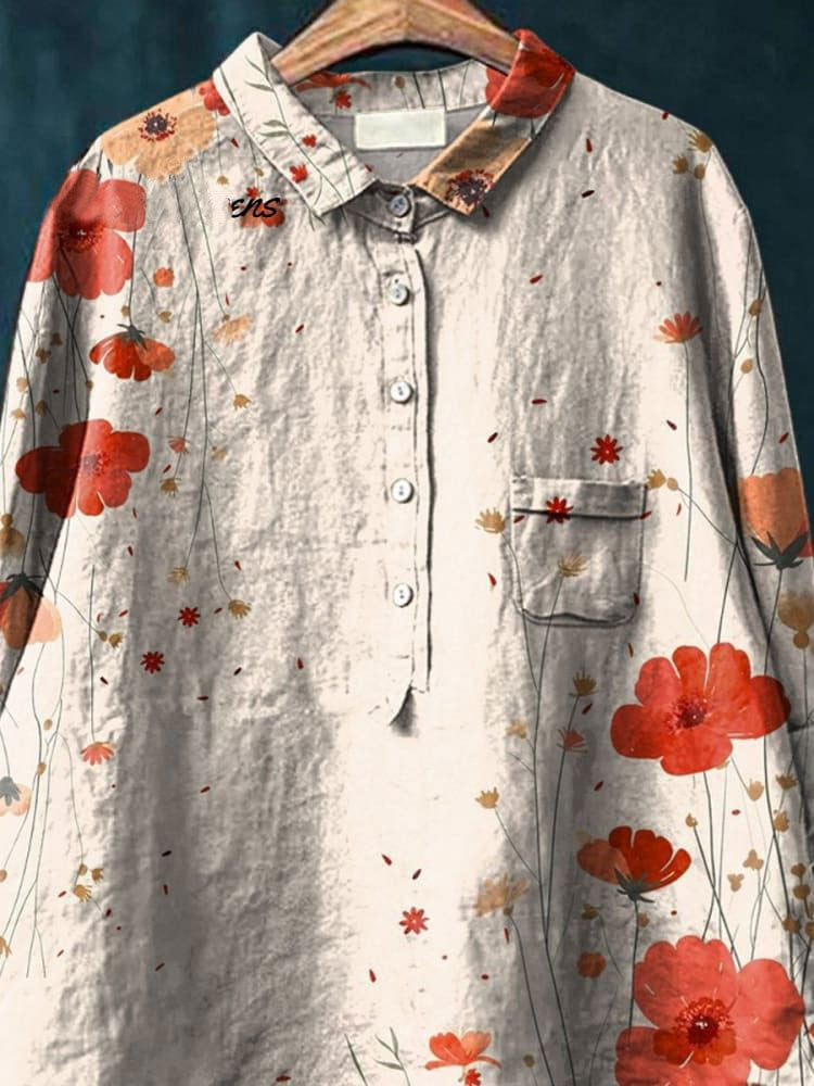 Watercolor Poppy Floral Art Pattern Printed Women's Casual Cotton And Linen Shirt