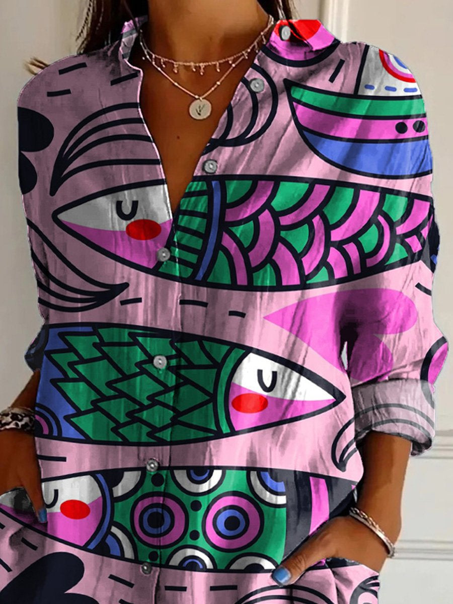 Lovely Line Drawing Fish Pattern Printed Women's Casual Cotton Shirt