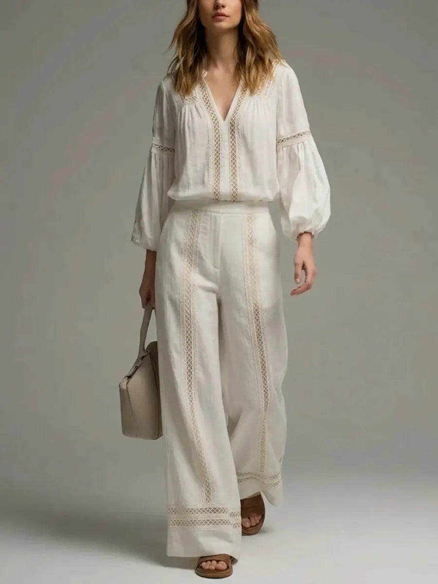 Women's Bohemian Style Cotton And Linen Wide-leg Pants Set