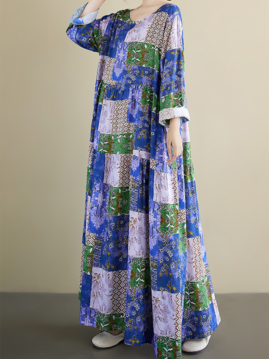 Women's Loose Floral Plaid Splicing Printed Cotton Dress