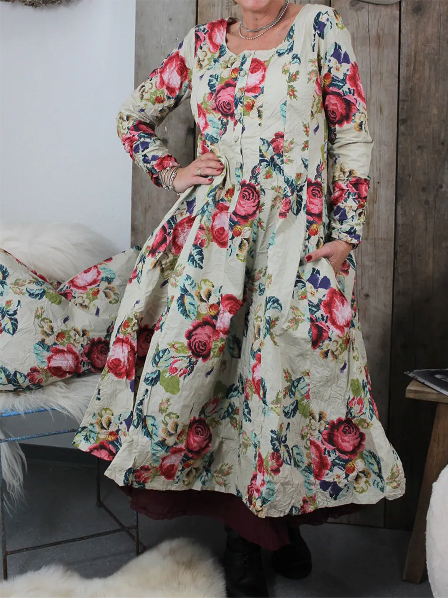 Women's Retro Button-down Floral Print Cotton and Linen Dress