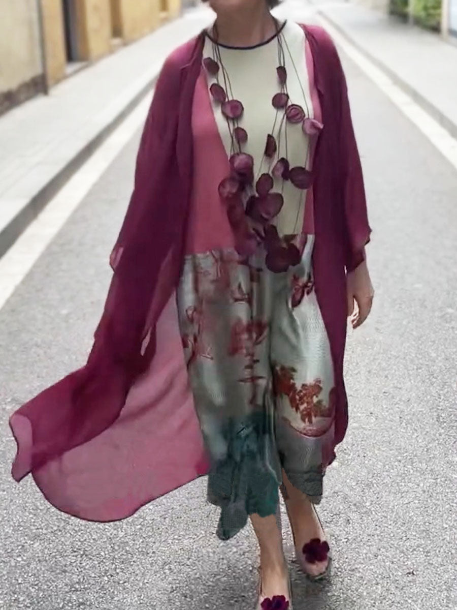 Women's Round Neck Sleeveless Geometric Pattern Printed Casual Cotton and Linen Vest Dress