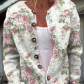 Fresh Pink Roses Print Buttoned Cardigan Sweater