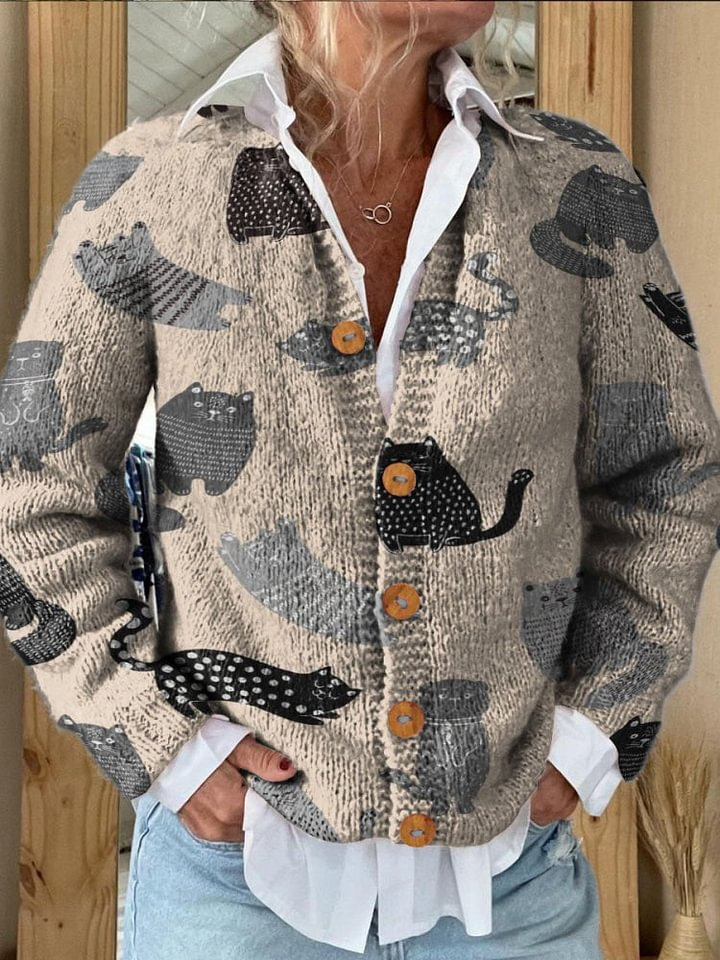 Decorative Pattern with Cute Cats Playing Buttoned Cardigan Sweater