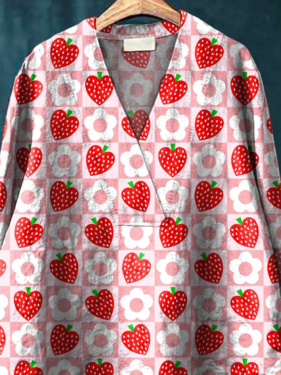 Lovely Strawberry And Floral Pattern Printed Women's Casual Cotton And Linen V-neck Shirt