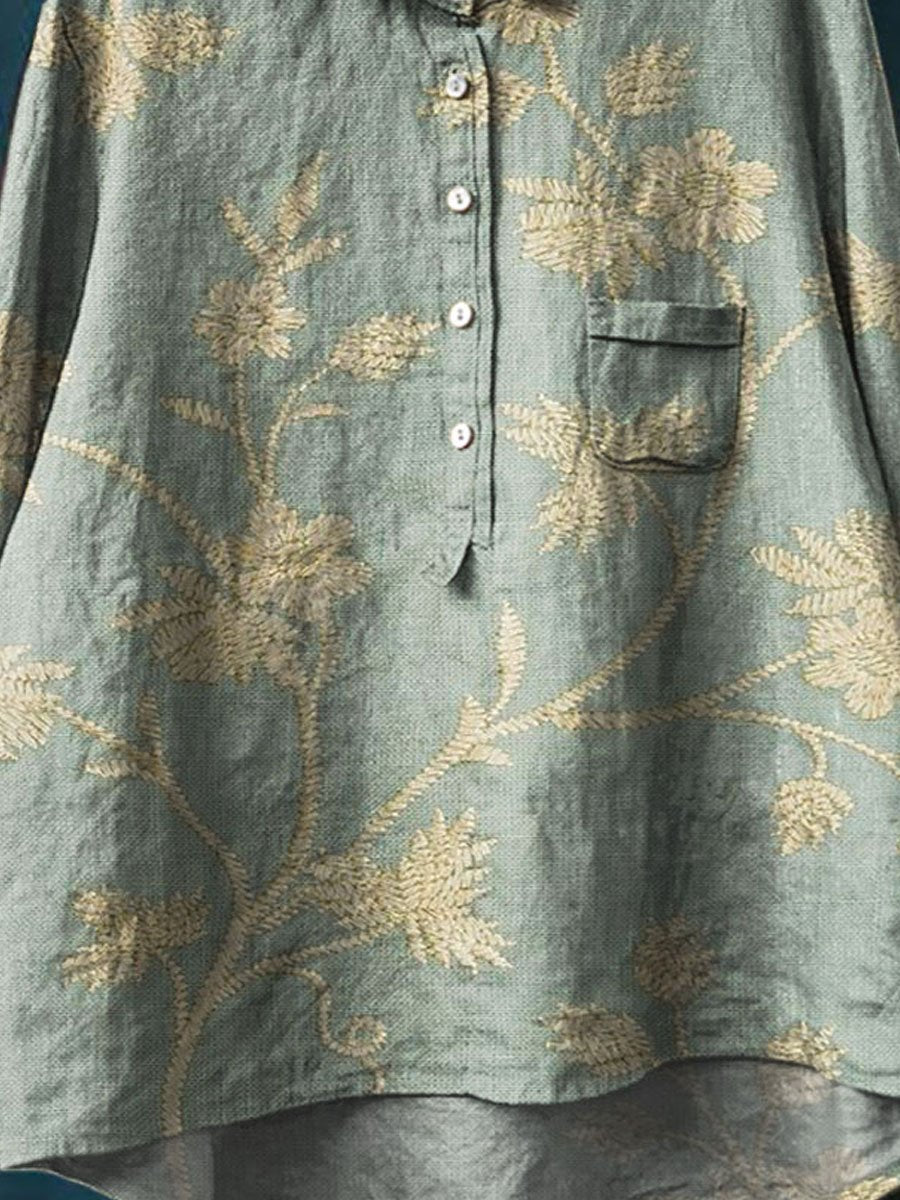 Women's Vintage Floral Art Print Casual Cotton And Linen Shirt