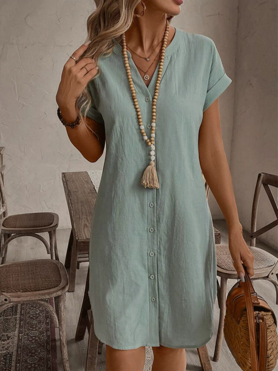 Women's Solid Color Cotton And Linen V-neck Button Loose Casual Dress