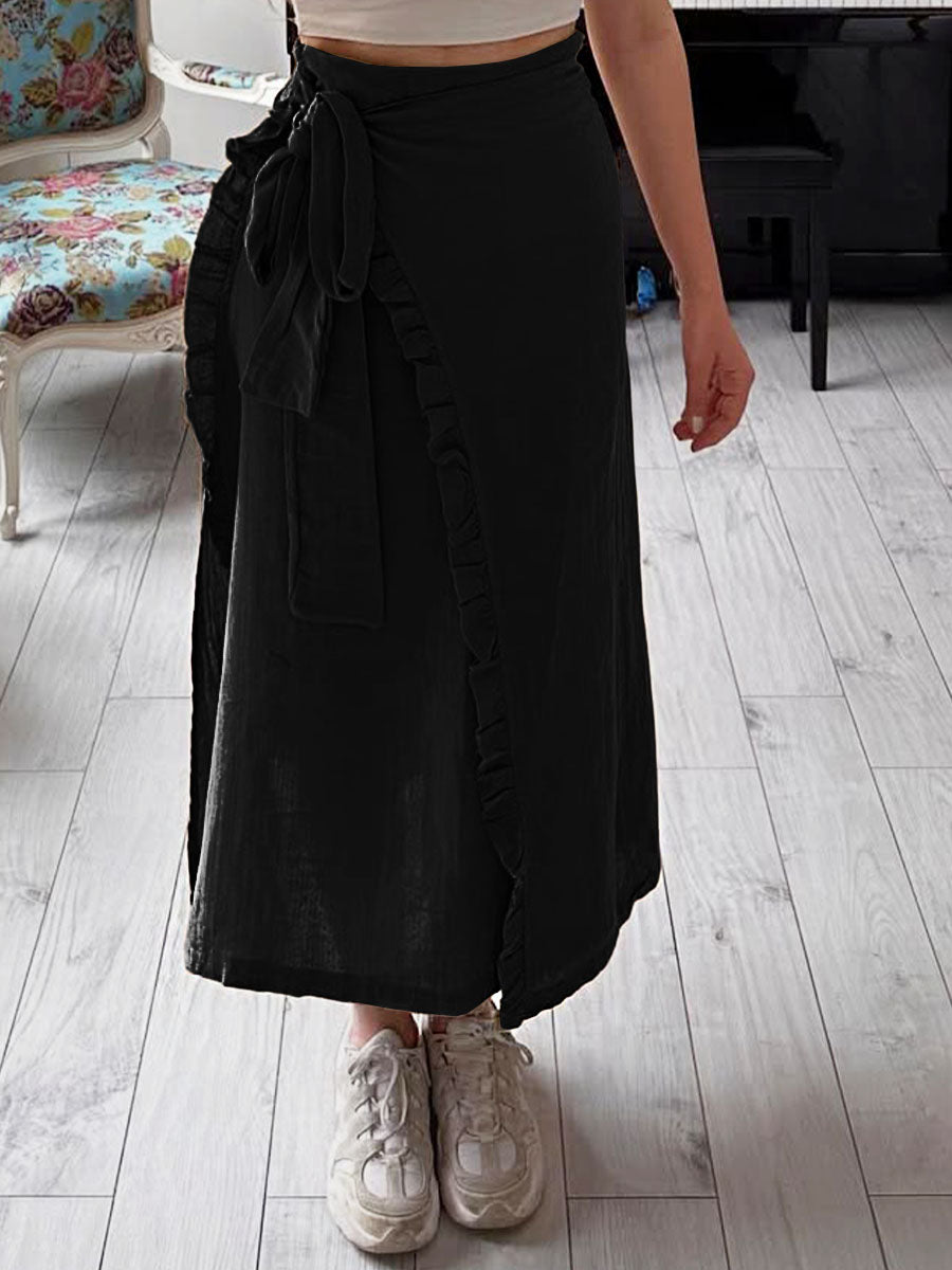 Women's Solid Color Ruffle Casual Lace-up Linen Skirt