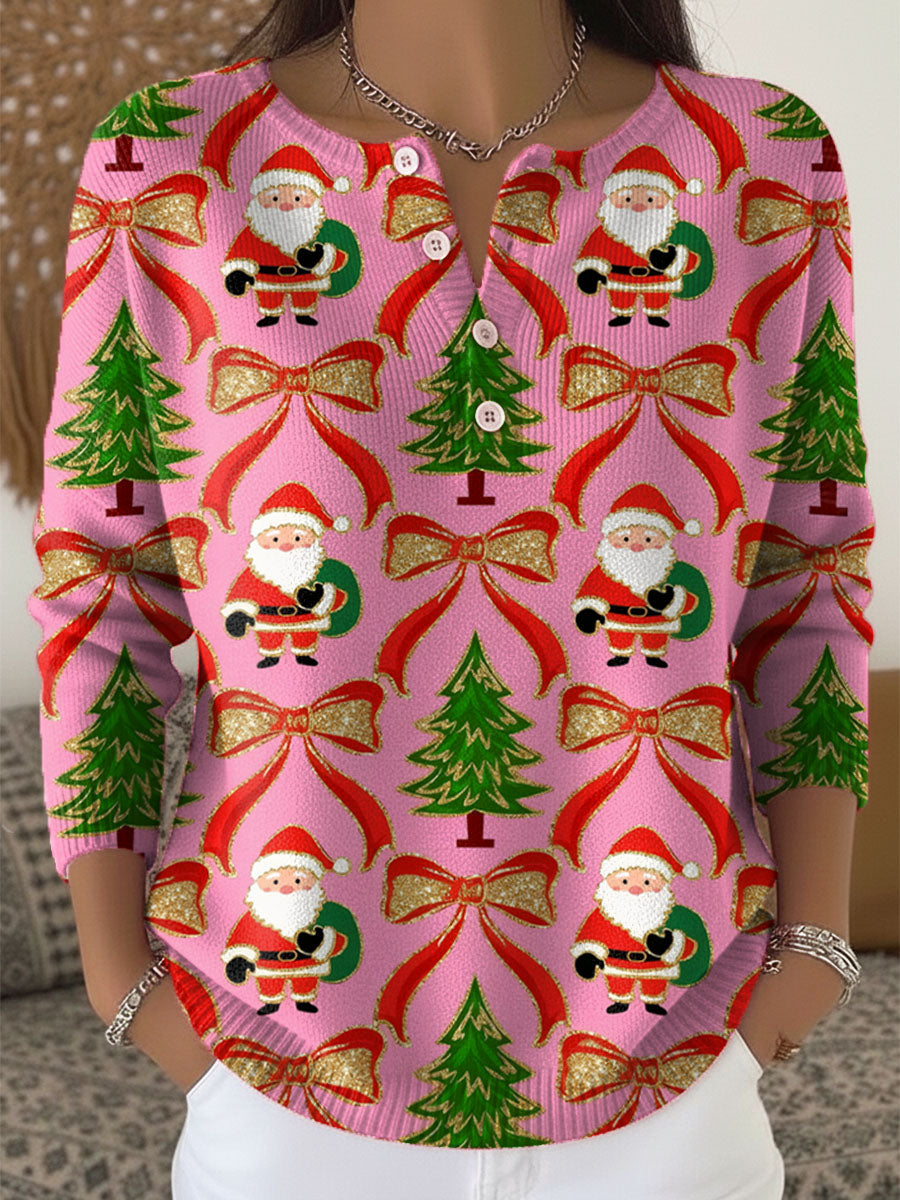 Women's Christmas Tree Santa Art Print Buttoned Cardigan Sweater