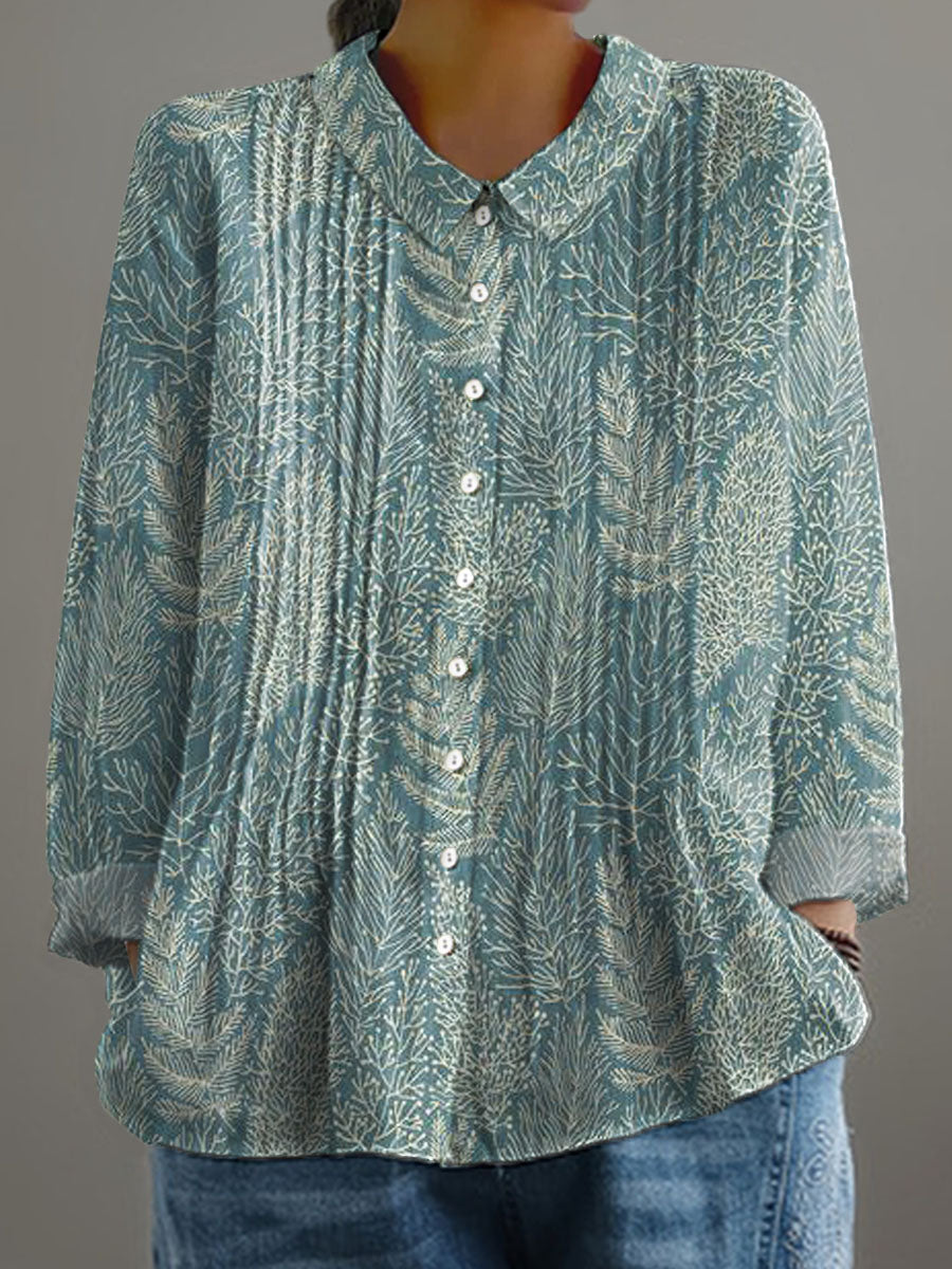 Women's Vintage Leaves Pattern Art Print Casual Cotton And Linen Ruffle Shirt