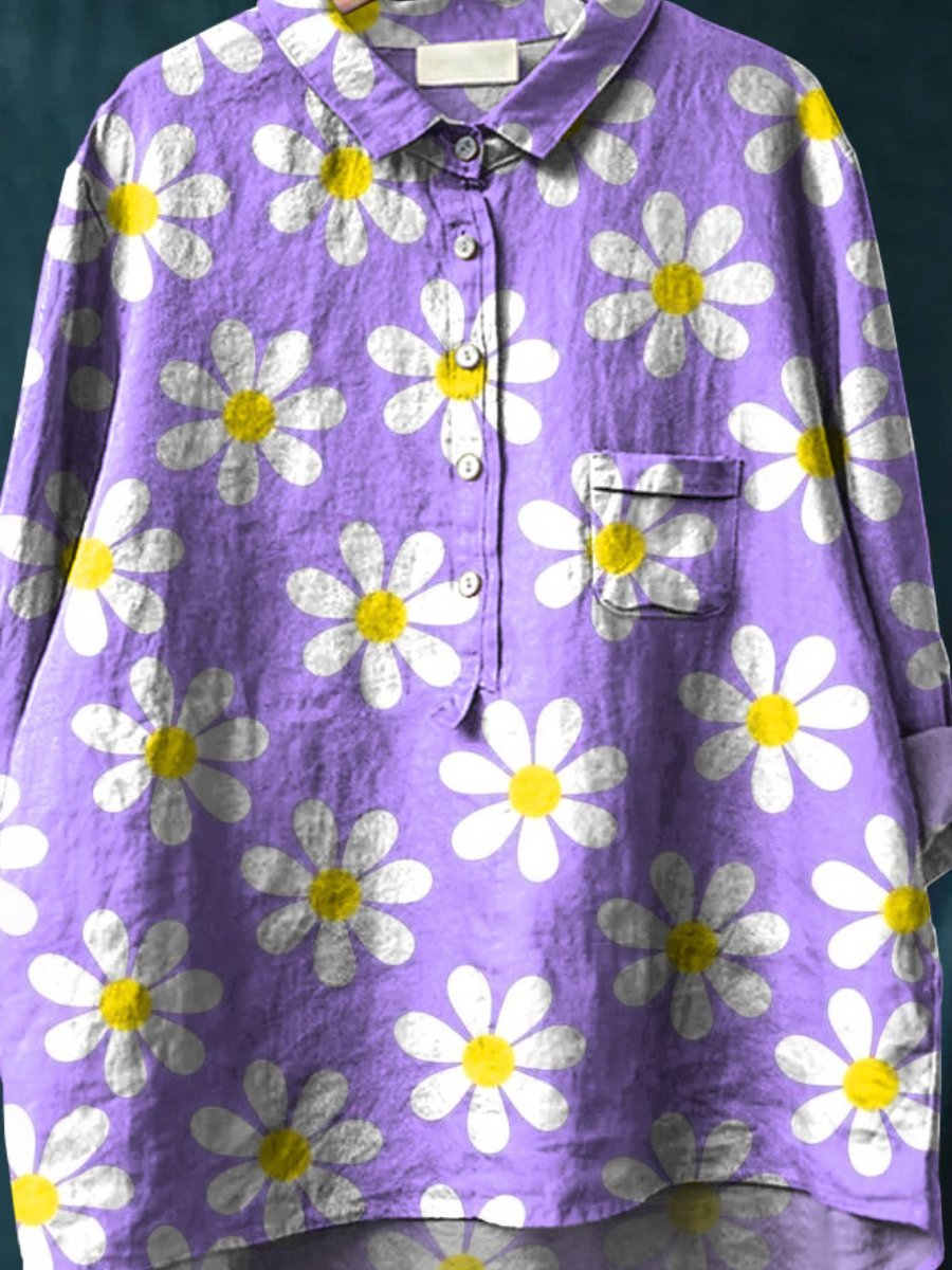 Women's Purple Daisy Art Print Casual Cotton And Linen Shirt
