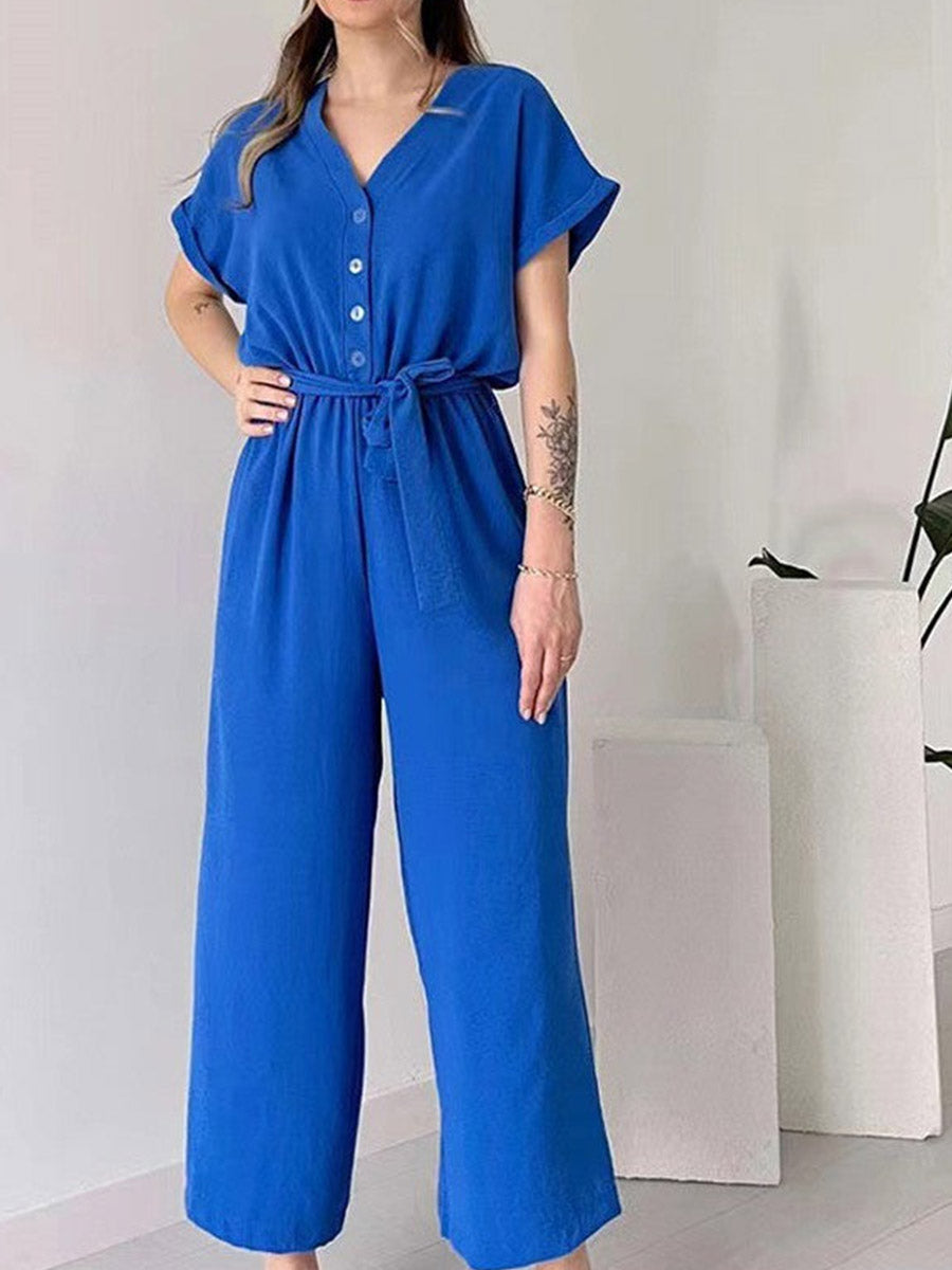 Women's V-neck Short Sleeve Solid Color Loose Wide Leg Jumpsuit