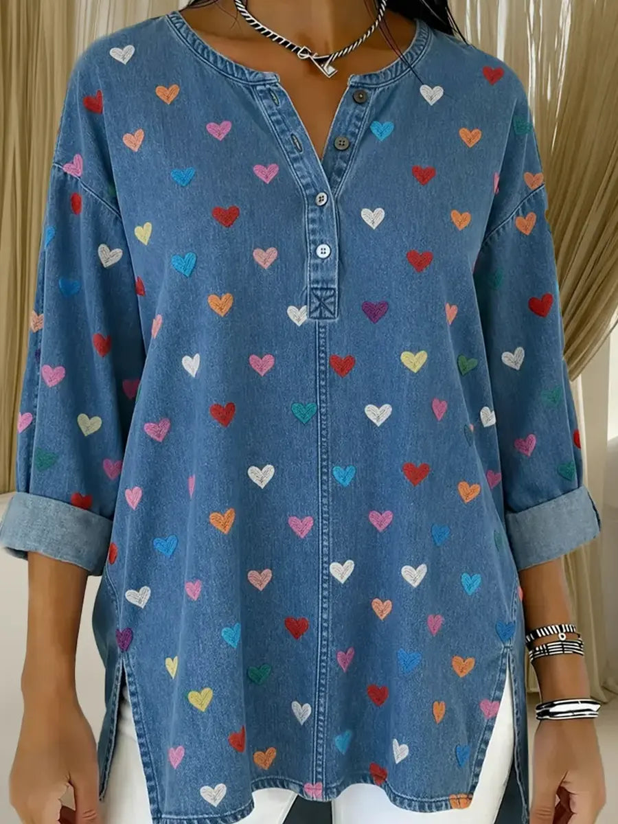 Women's Heart Casual Washed Denim Cotton Top