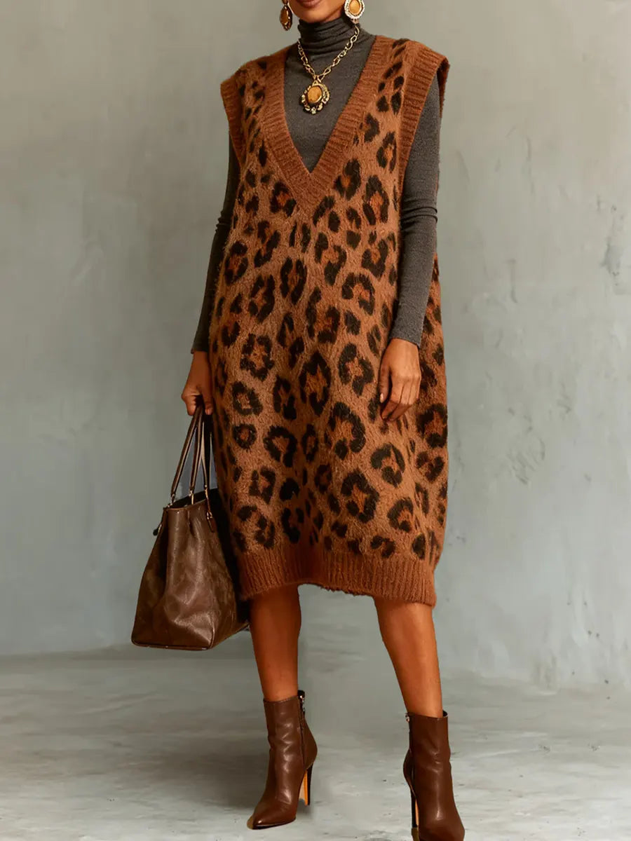 Women's Leopard Print V-Neck Sleeveless Casual Loose Vest Knit Dress
