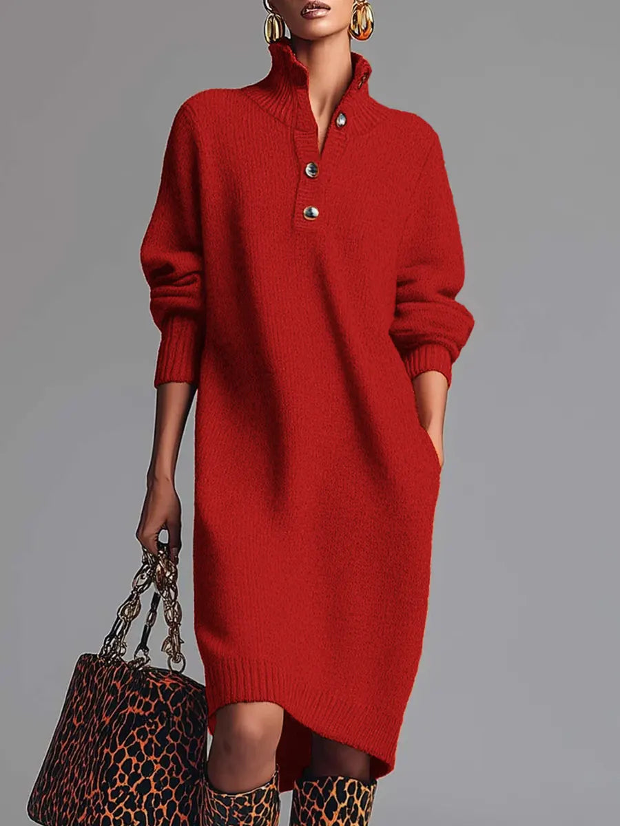 Women's Stand Collar Long Sleeve Casual Loose Knit Dress