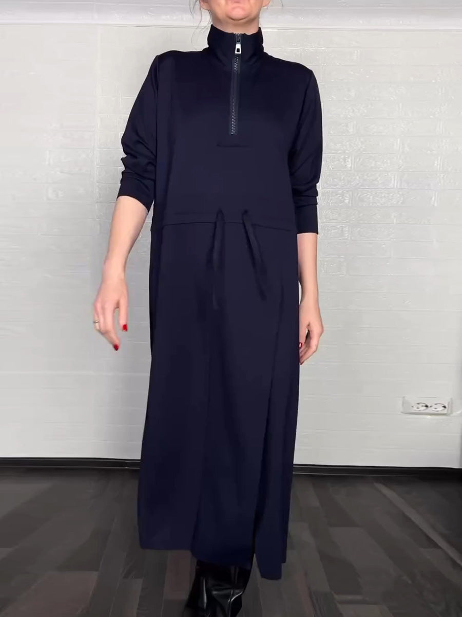 Women's Solid Color High Neck Long Sleeve Casual Loose Cotton Dress