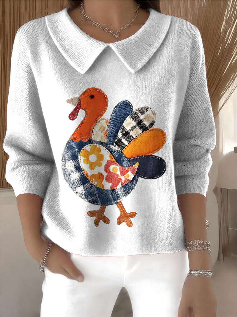 Women's Patchwork Turkey Retro Thanksgiving Turkey Seas Print Casual Peter Pan Collar 3/4 Sleeve Sweater