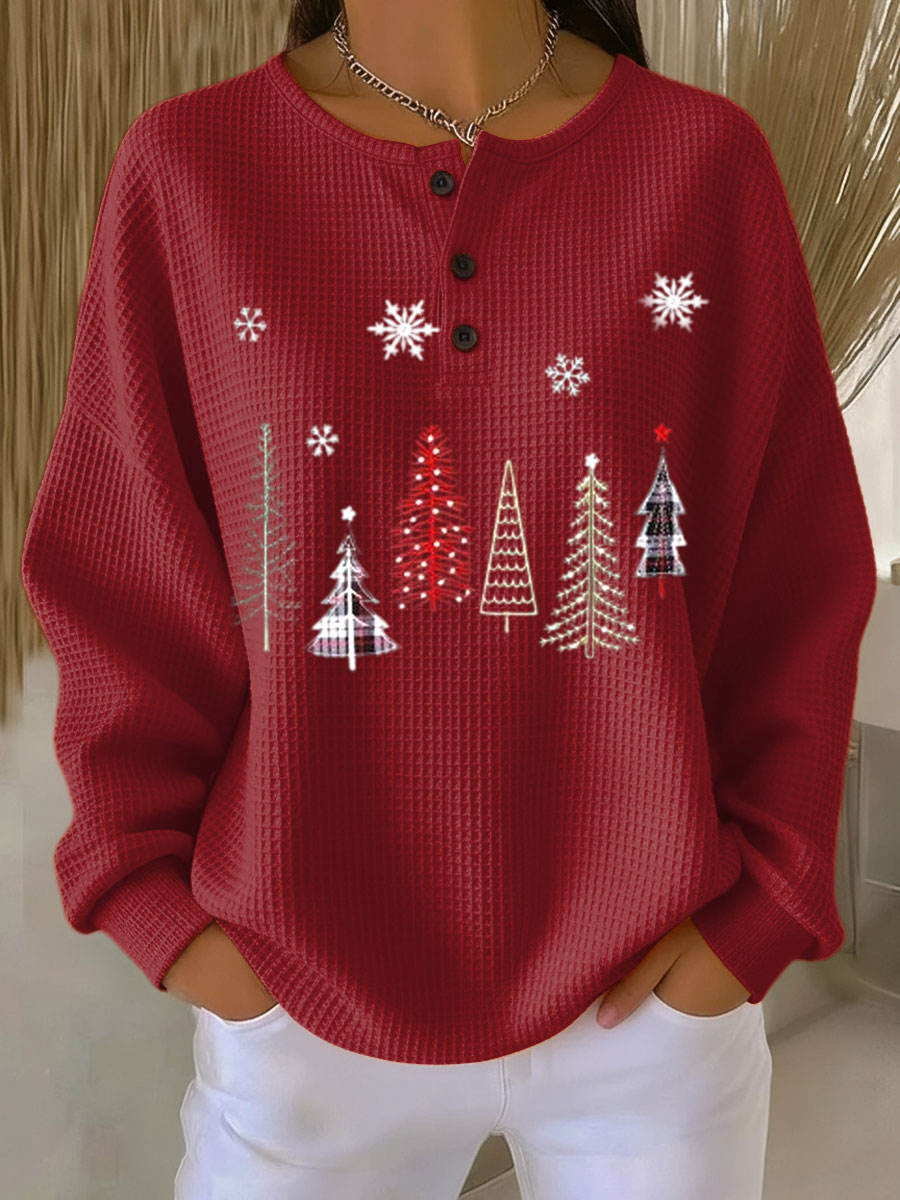 Women's Vintage Christmas Tree Art Print Casual Cotton Shirt