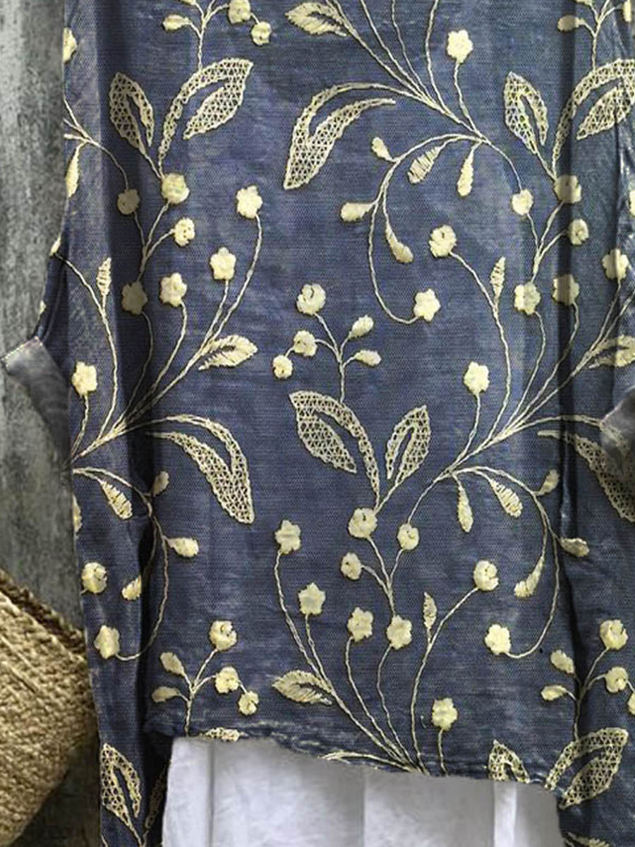 Women's Vintage Floral Art Print Casual Linen Cotton Pullover Top