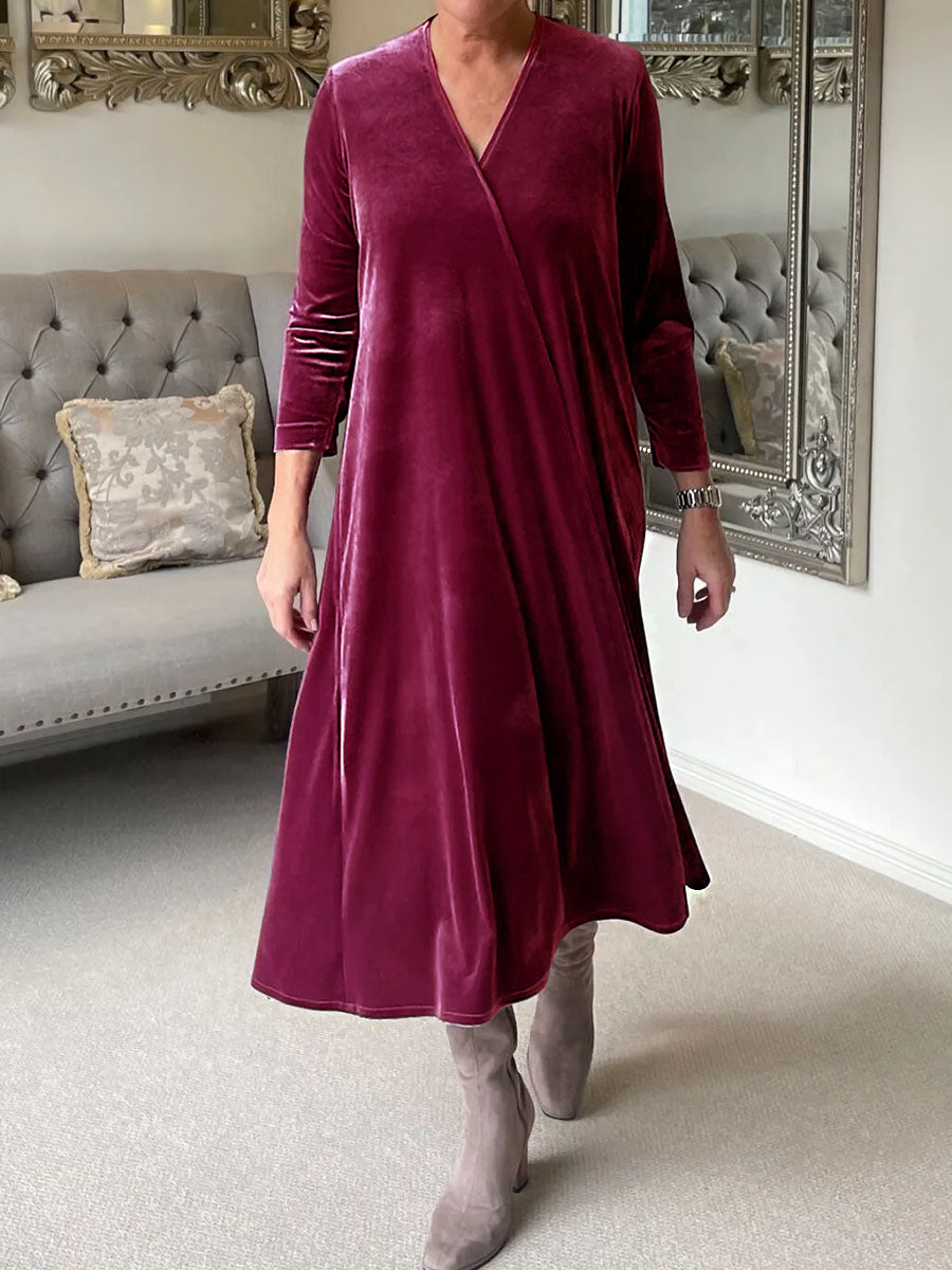 Women's Solid Color V-Neck 3/4 Sleeve Velvet Casual Loose Dress