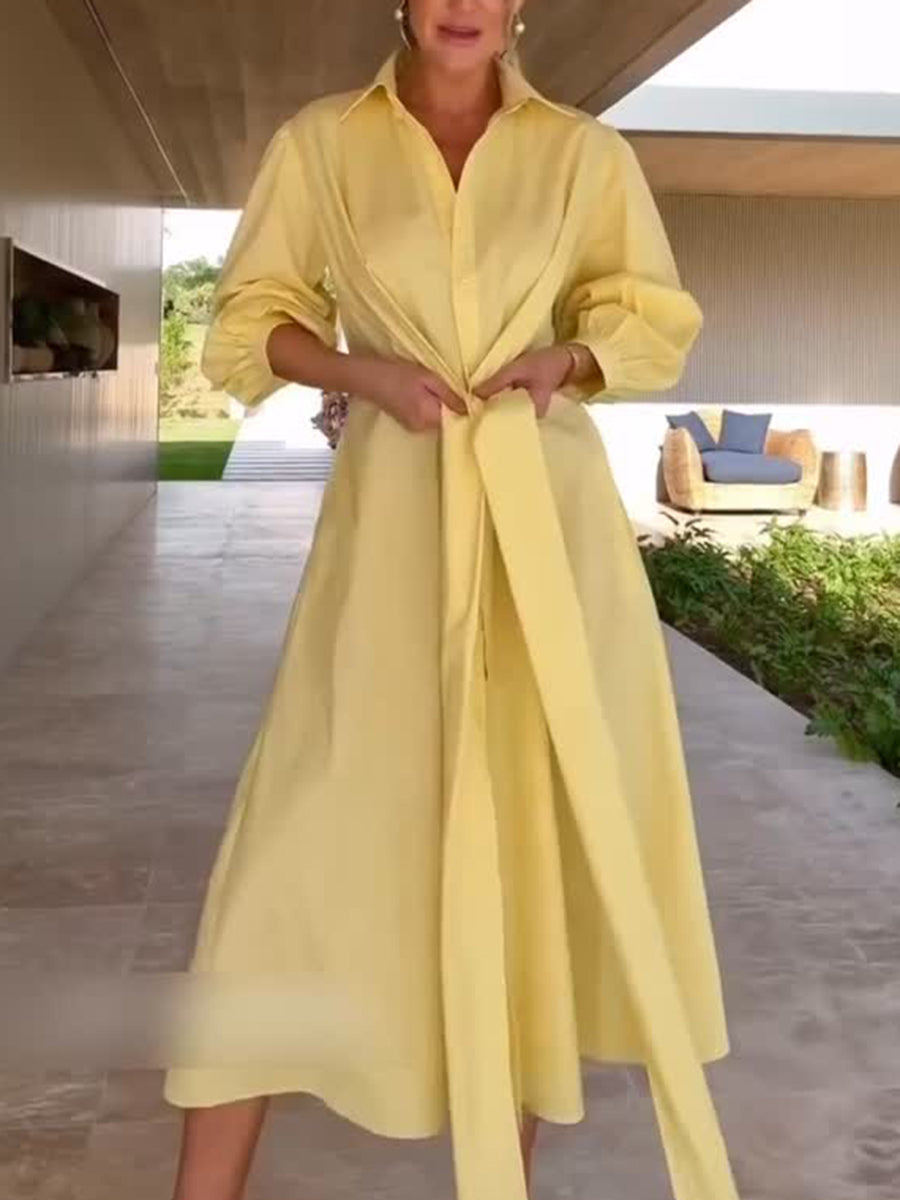 Elegant Waist Tie Cotton Dress