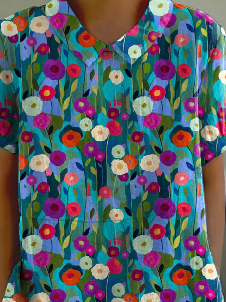 Oil Painting Summer Garden Pattern Printed Women's Casual Cotton And Linen Shirt