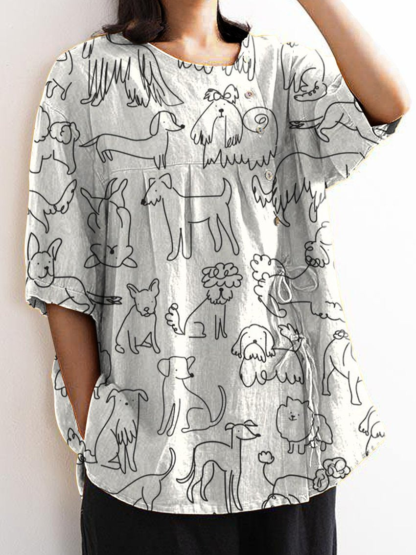 Women's Black and White Line Puppy Print Casual Cotton And Linen Shirt