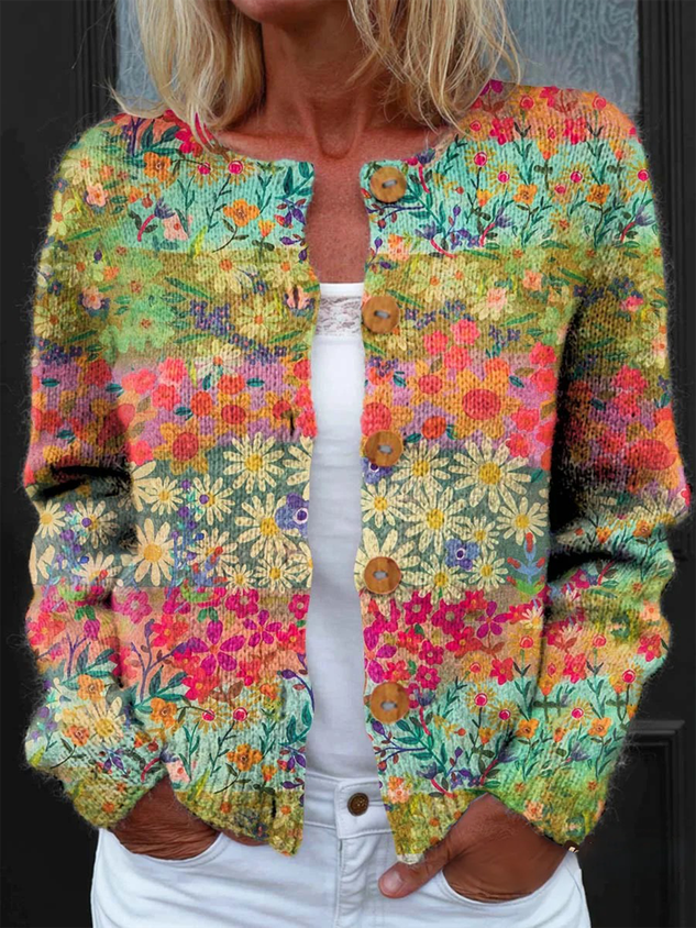 Women Knitted Geometric Long Sleeve Comfy Vintage Cardigan