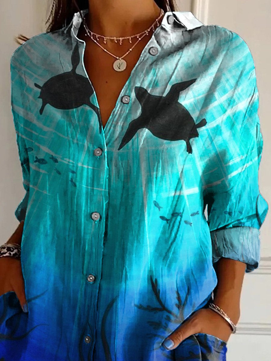 Sea Turtle And Sea Cavern Art Printed Women's Casual Cotton Shirt