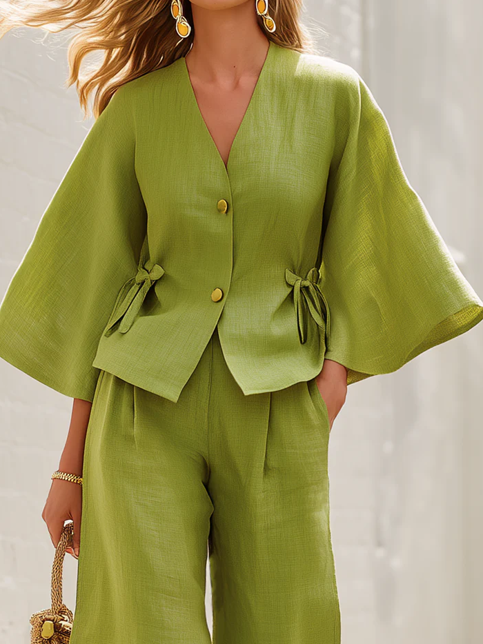 Elegant Tie Flared-sleeve Cotton-linen Two-piece Set
