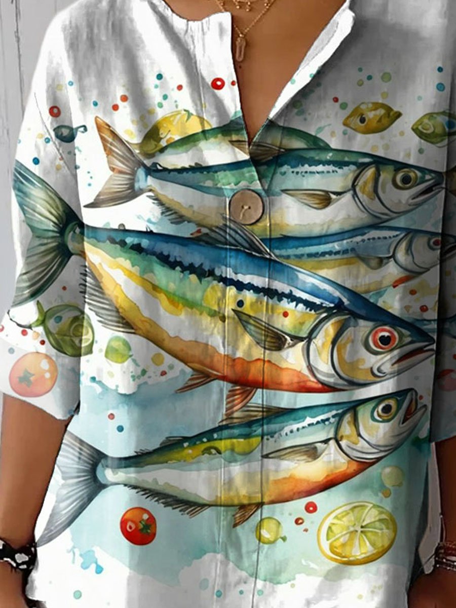 Women's Vintage Lovely Fish Art Print Casual Cotton Linen Shirt