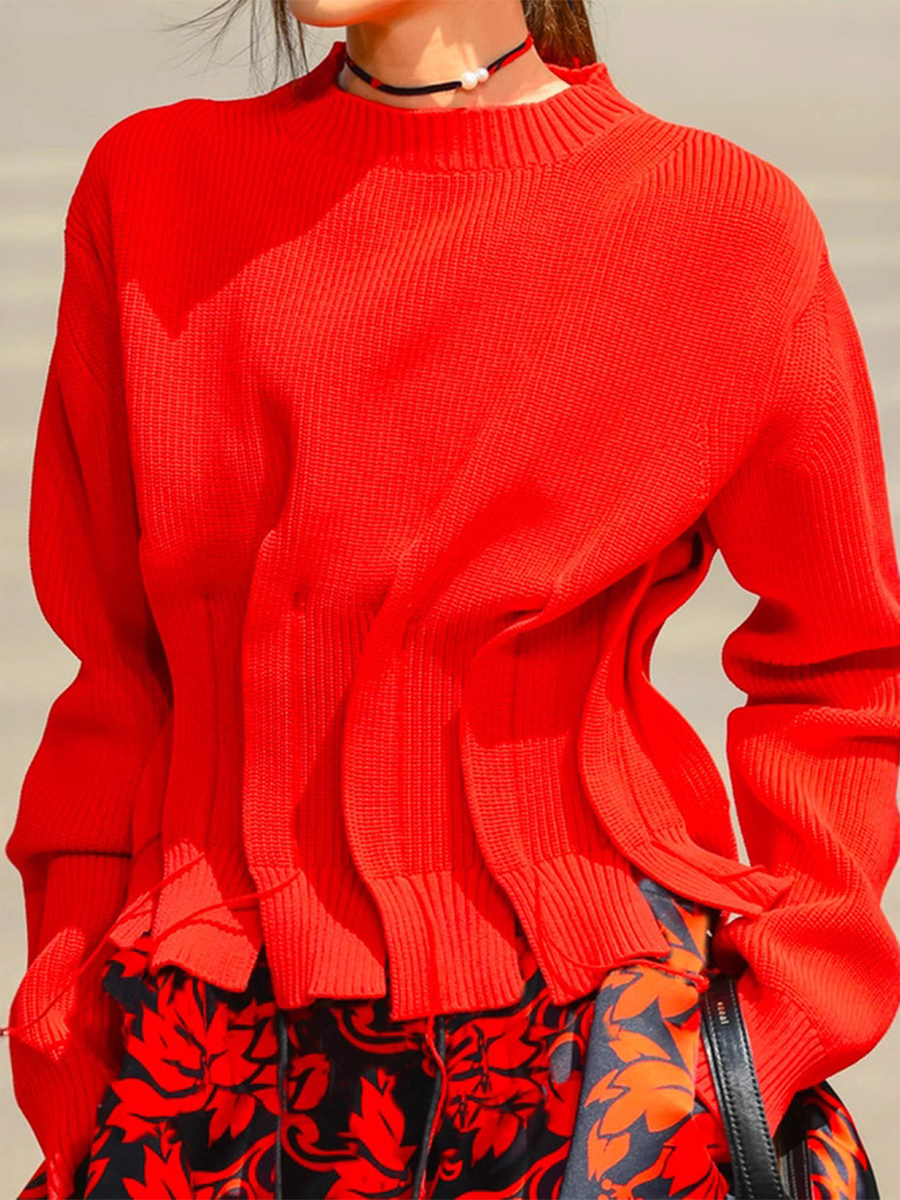 Wide Pleated Fringe Crew Neck Sweater