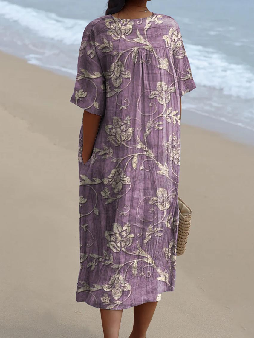 Women's Vintage Lovely Floral Art Print Flowy Dress